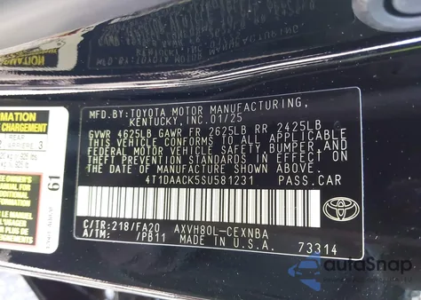 2025 Toyota Camry Le z USA, uszkodzony, nr VIN 4T1DAACK5SU581231